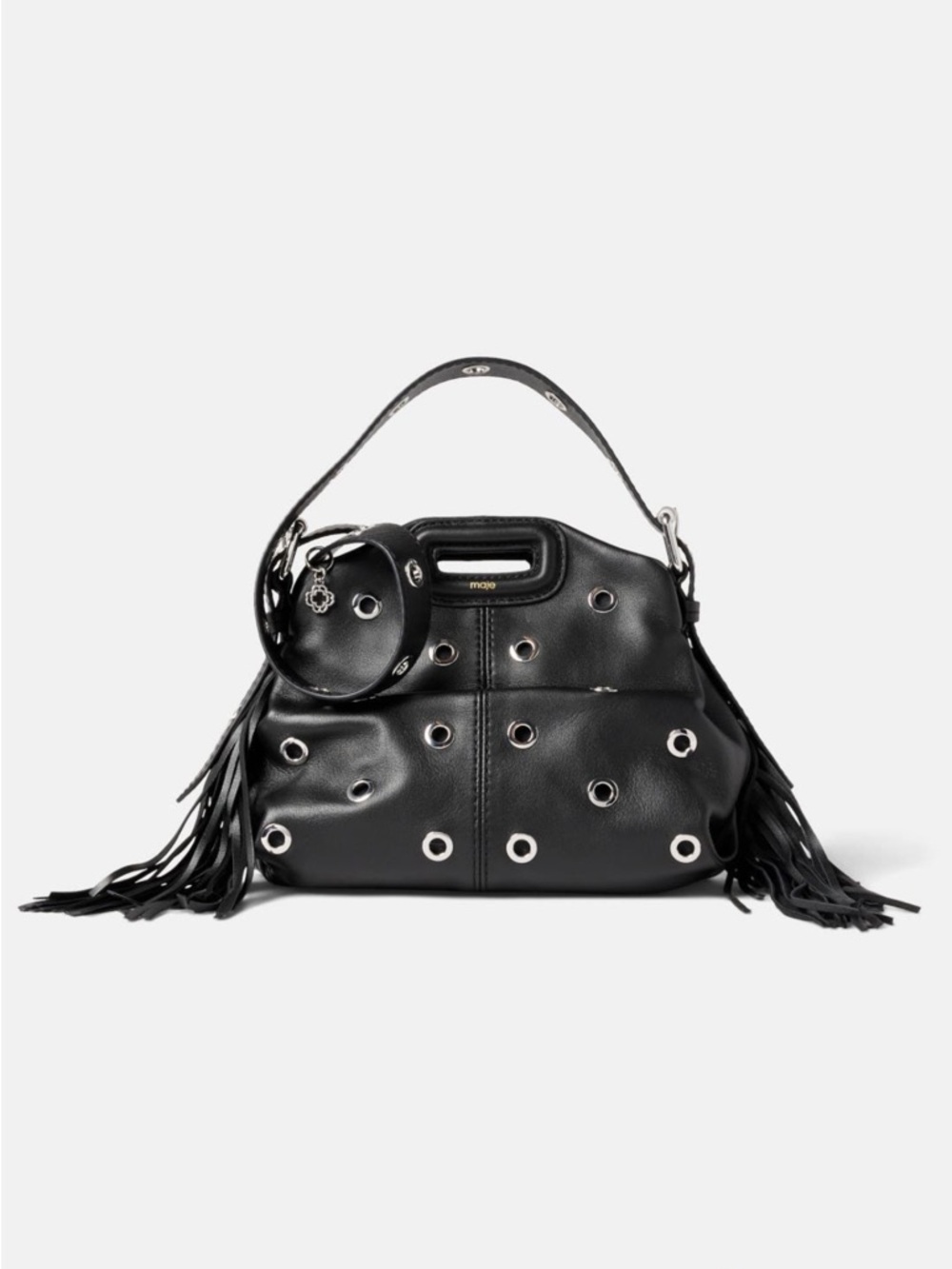 Maje Miss Mini M Eyelet Black Grommet Fringe Leather Top-Handle Bag